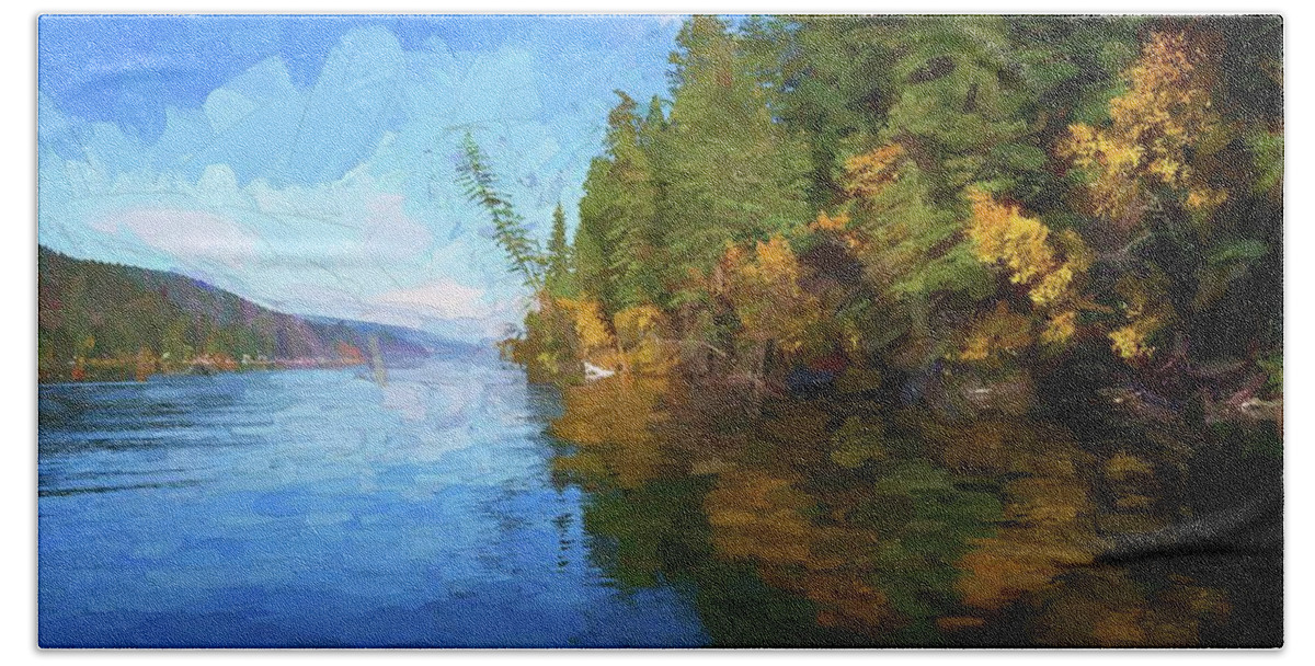Photopainting Bath Towel featuring the photograph Loon Lake Autumn Oil Painting by Allan Van Gasbeck