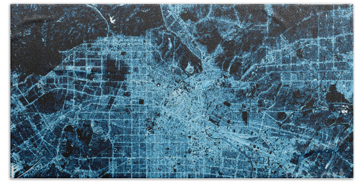 Los Angeles Hand Towel featuring the digital art Los Angeles Abstract City Map Top View Dark by Frank Ramspott