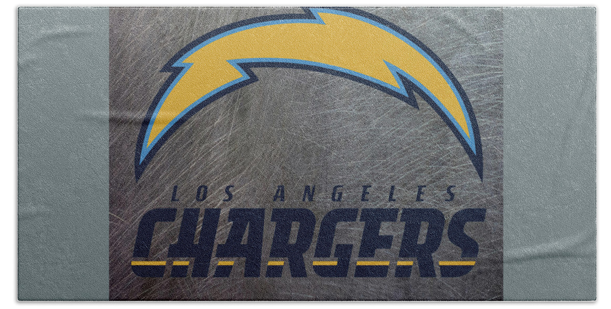 Los Angeles Chargers Bath Towel featuring the mixed media Los Angeles Chargers on an abraded steel texture by Movie Poster Prints