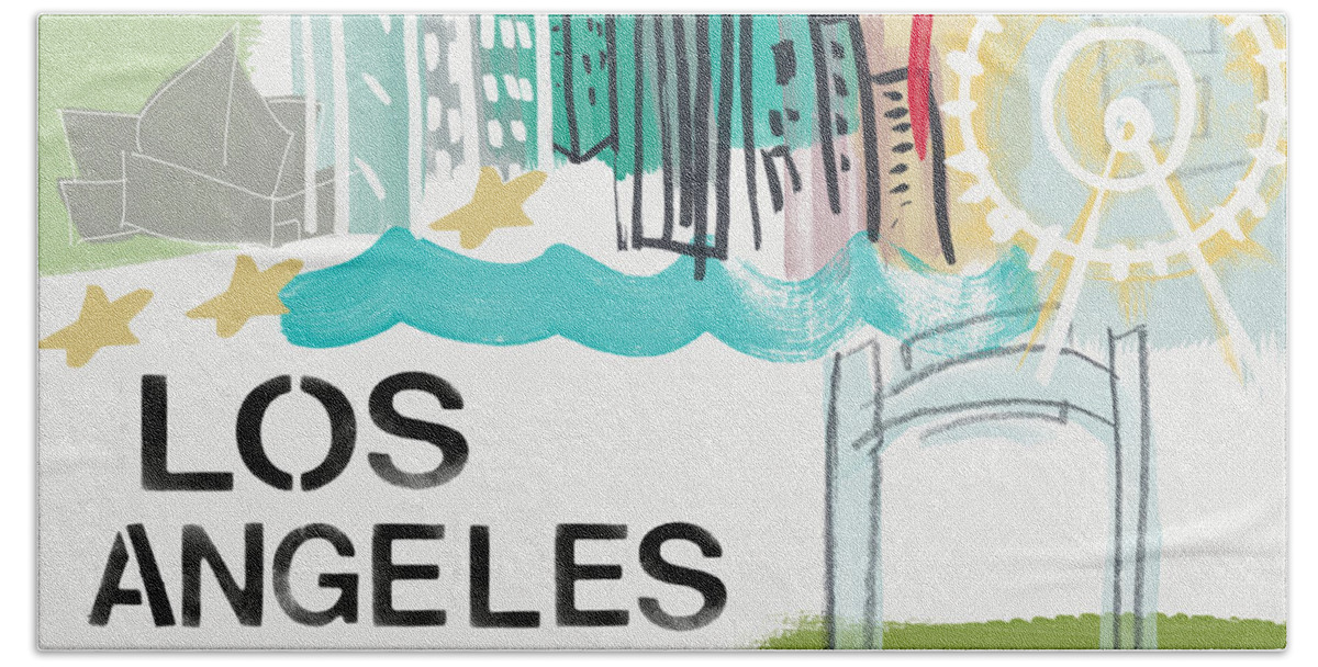 Los Angeles Hand Towel featuring the painting Los Angeles Cityscape- Art by Linda Woods by Linda Woods