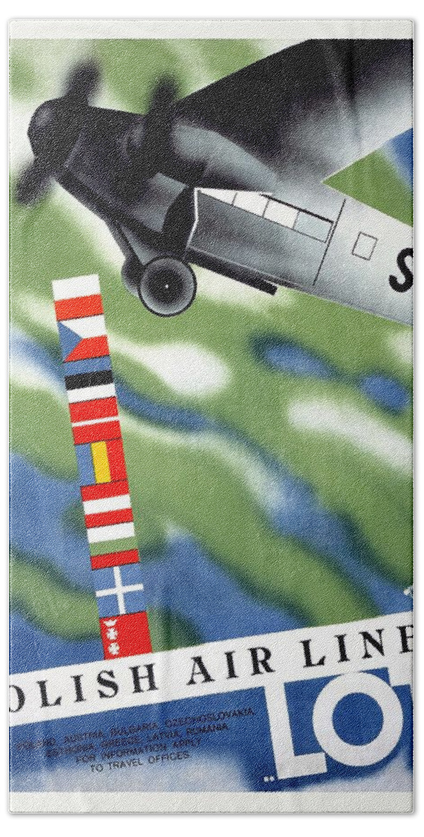 Lot Bath Sheet featuring the mixed media LOT Polish Airlines, Poland - Flags Of The Countries - Retro travel Poster - Vintage Poster by Studio Grafiikka