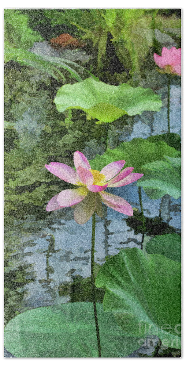 Pink Lotus Blossoms Hand Towel featuring the painting Lotus Flower 4 by Jeelan Clark