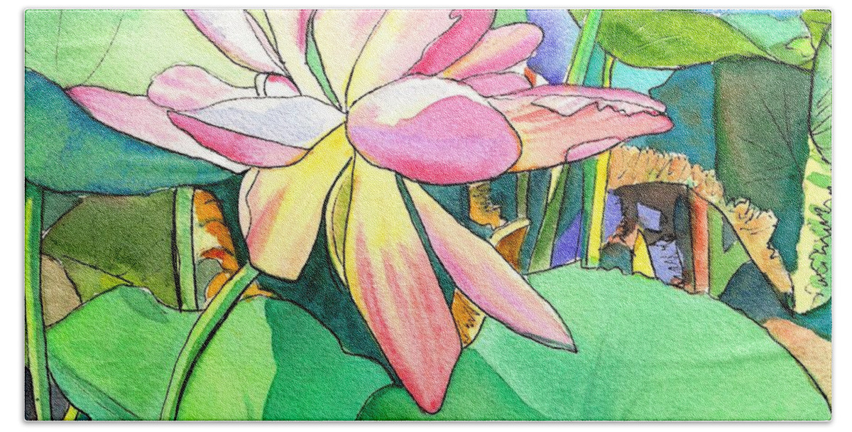 Kauai Bath Towel featuring the painting Lotus Flower by Marionette Taboniar