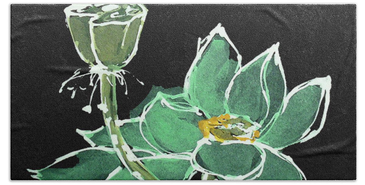 Original Watercolors Bath Towel featuring the painting Lotus-Teal by Chris Paschke