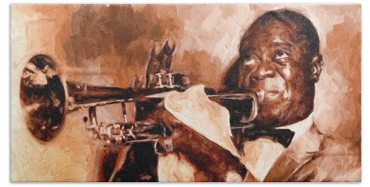 Louis Armstrong # Satchmo # Jazz Music # Trumpet # Jazz Art # Jazz Canvas Prints # Swing # Scat # Famous Trumpet Players # Jazz Swing Art # Hand Towel featuring the painting Louis Armstrong by Louis Ferreira