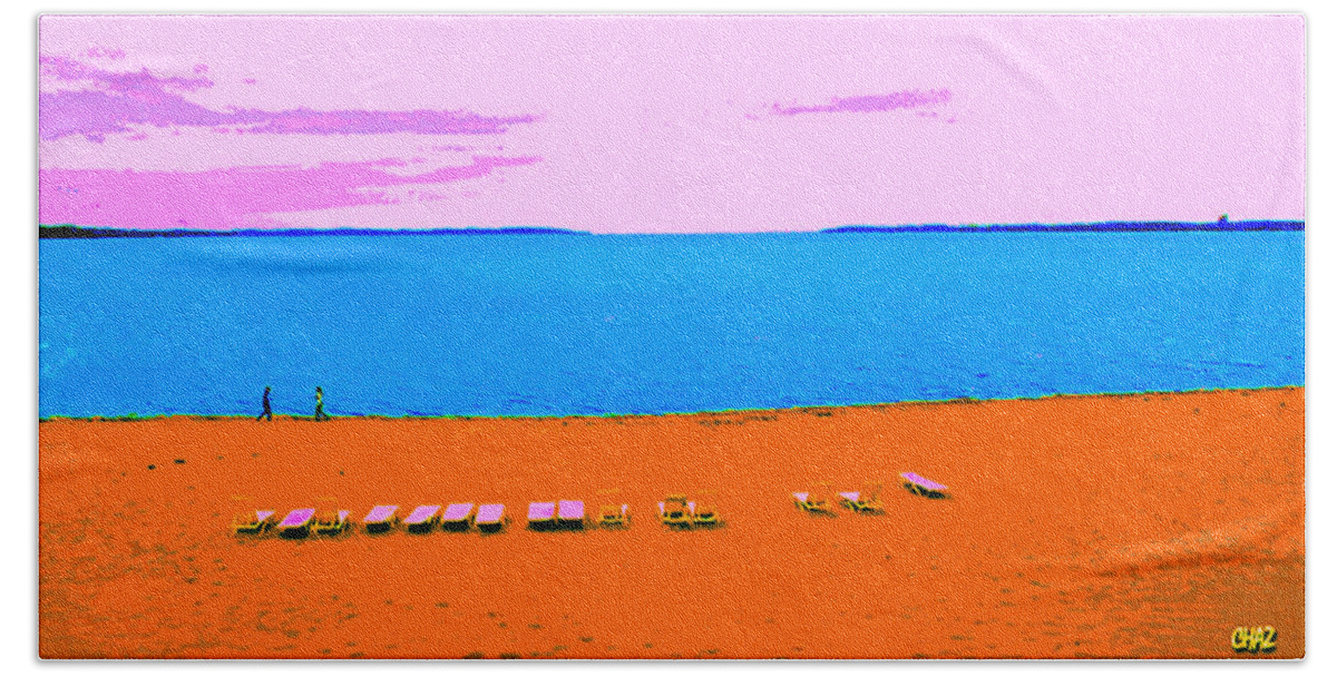 Seaside Hand Towel featuring the painting Lounge Chairs on the Beach by CHAZ Daugherty
