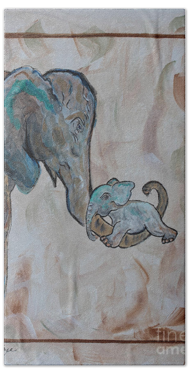 Elephant Bath Towel featuring the painting Love In Momma's Arms by Ella Kaye Dickey