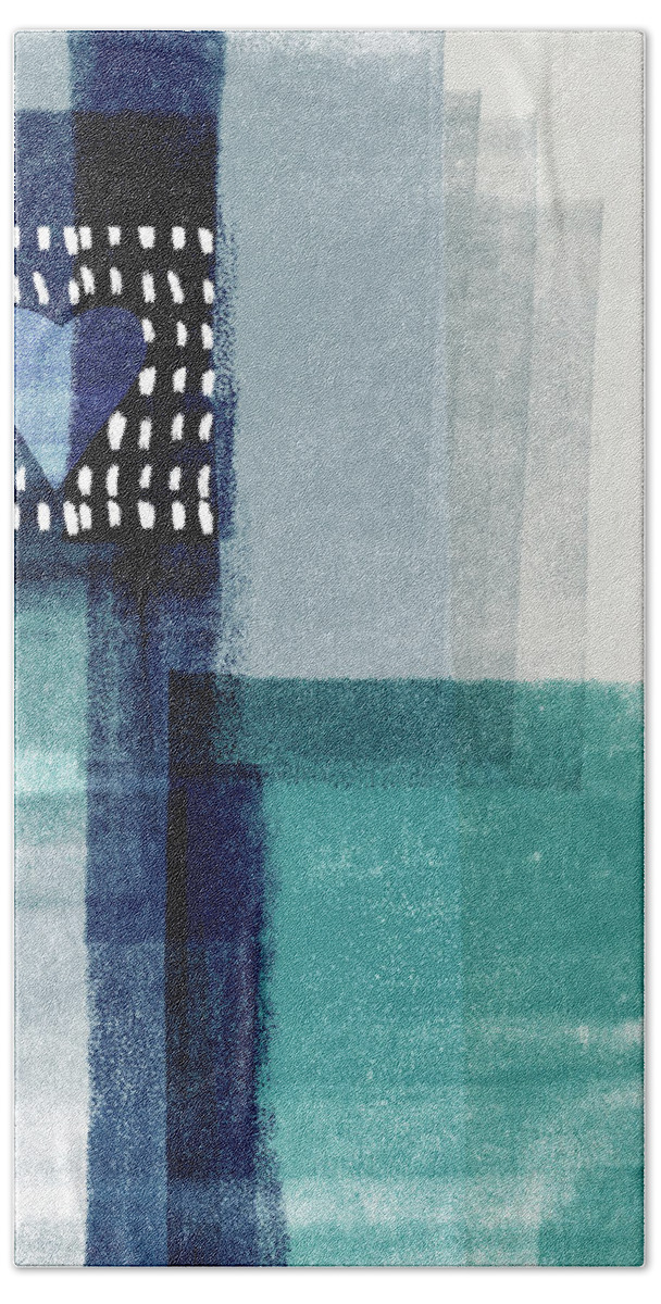 Minimal Bath Towel featuring the mixed media Love In Shades Of Blue- Abstract Art by Linda Woods by Linda Woods