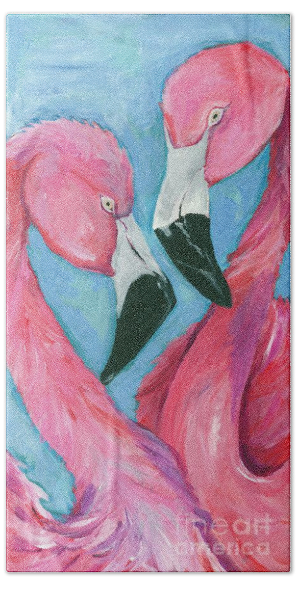 Flamingo Flamingos Pink Purple Feathers Birds Wildlife Coastal Tropical Beak Black Exotic Heart Juvenile Teen Home Décor Bath Towel featuring the painting Love is for the Birds by Anne Seay