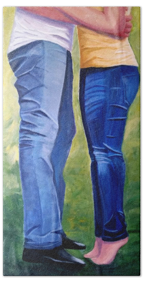 Lovers Hand Towel featuring the painting Love my blue Jeans by Rosie Sherman