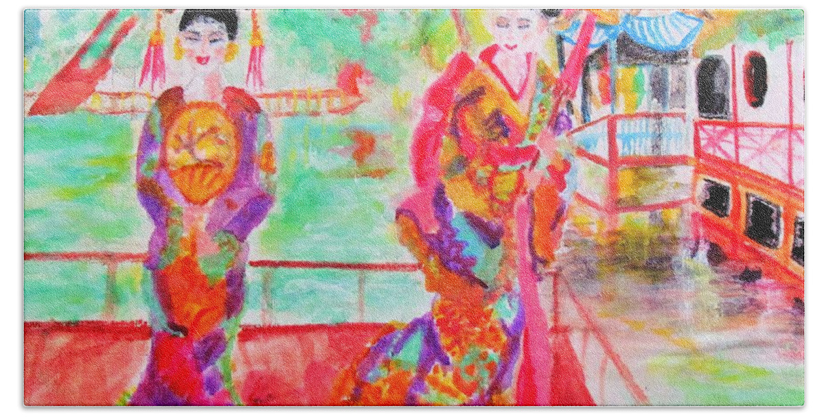 Lovely Asian Ladies Hand Towel featuring the painting Lovely Asian Ladies by Stanley Morganstein