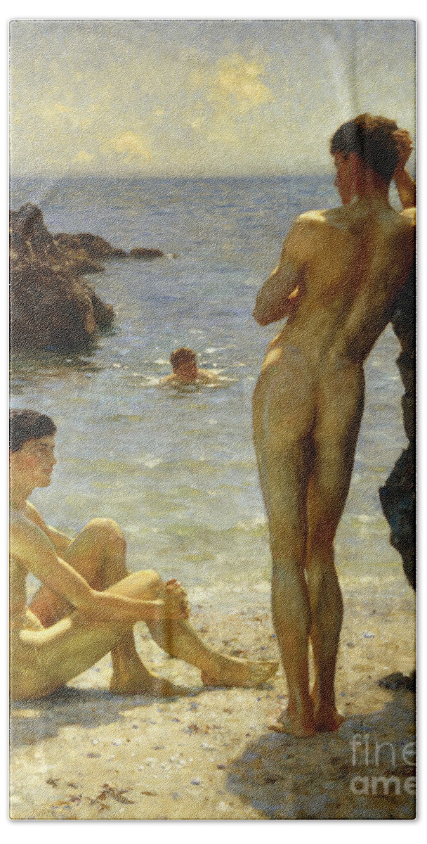 Nudes Bath Towel featuring the painting Lovers of the Sun by Henry Scott Tuke