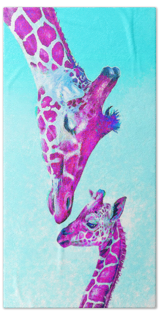 Giraffe Hand Towel featuring the digital art Loving Giraffes- Magenta by Jane Schnetlage