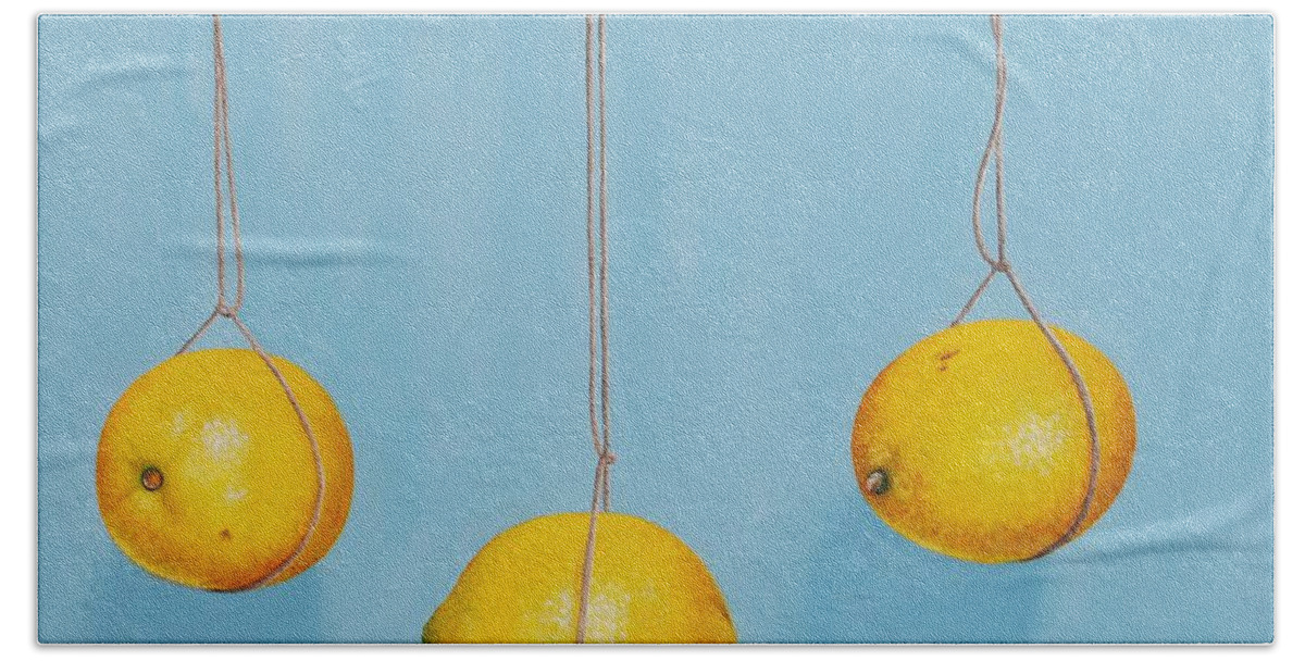 Lemons Bath Towel featuring the painting Low Hanging Lemons by Emily Page