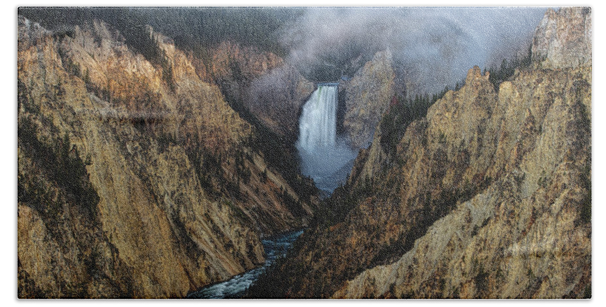 Lower Yellowstone Falls Bath Towel featuring the photograph Lower Yellowstone Falls Sunrise by Josh Bryant