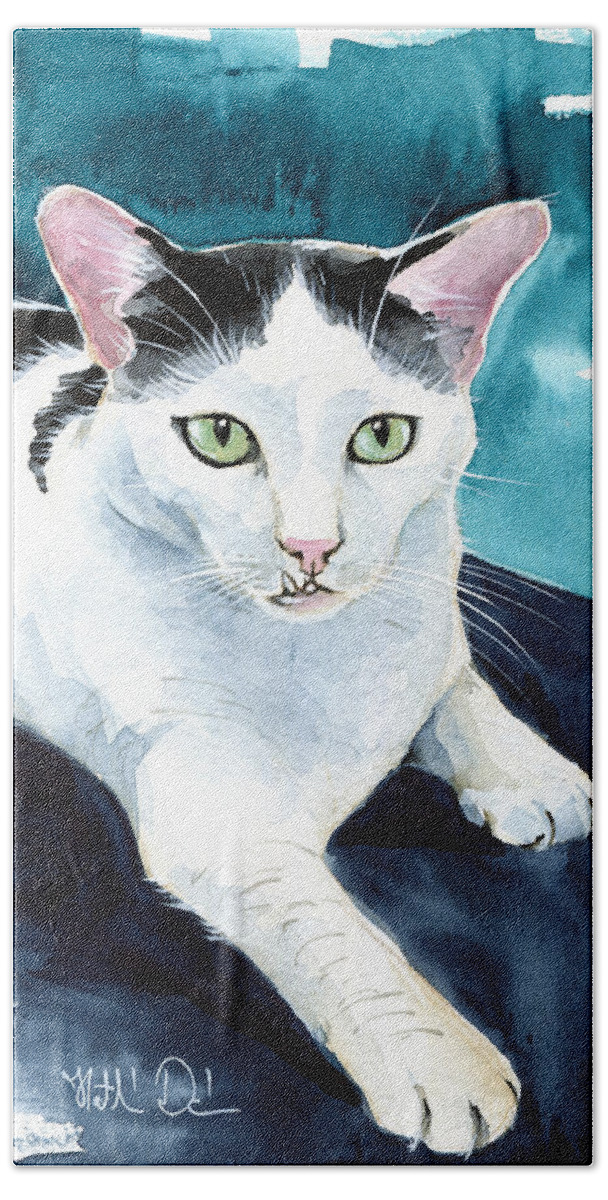 Cat Bath Towel featuring the painting Lucky Elvis - Cat Portrait by Dora Hathazi Mendes