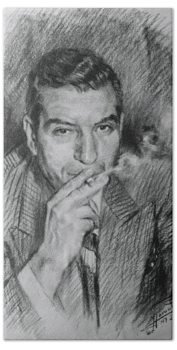 Lucky Luciano Hand Towel featuring the drawing Lucky Luciano by Ylli Haruni