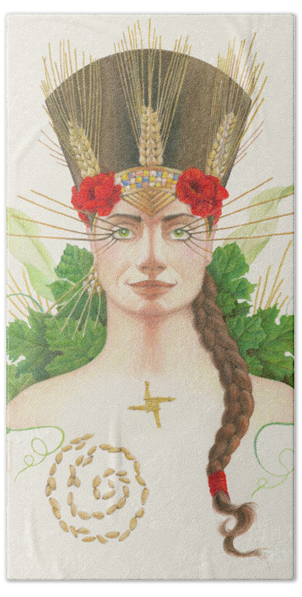 Pagan Art Prints Bath Sheet featuring the mixed media Lughnasadh Goddess Portrait by Melissa A Benson