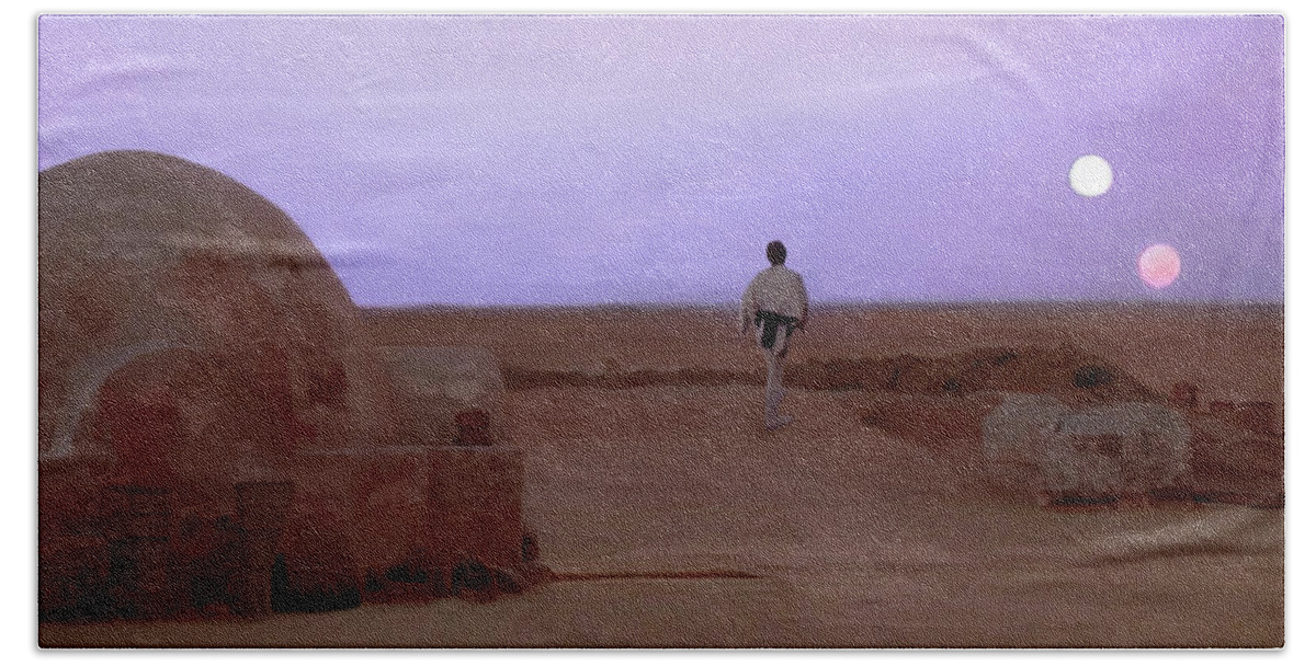 Tatooine Hand Towel featuring the mixed media Luke Skywalker Tatooine Sunset by Mitch Boyce