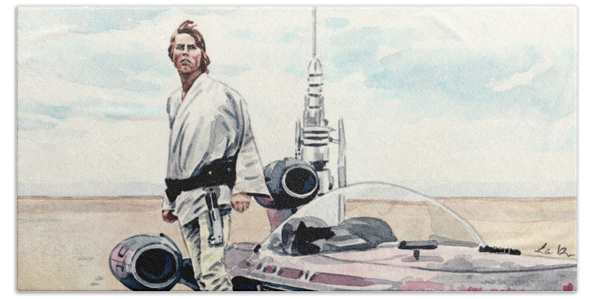 Star Wars Hand Towel featuring the painting Luke Skywalker on Tatooine Star Wars A New Hope by Laura Row
