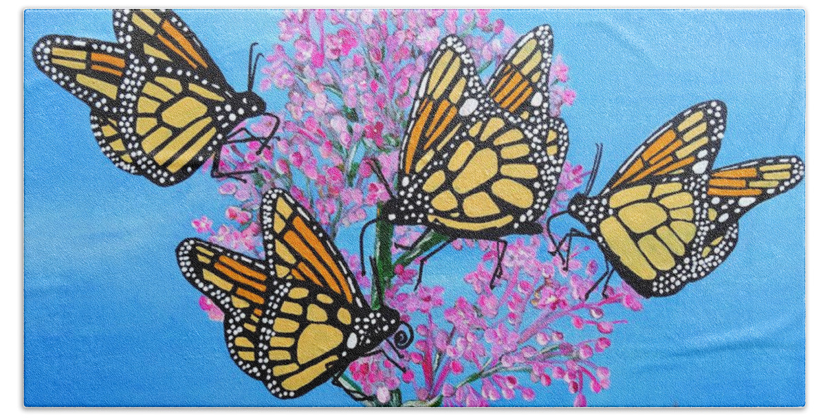 Monarch Butterflies Hand Towel featuring the painting Butterfly Feeding Frenzy by Karen Jane Jones