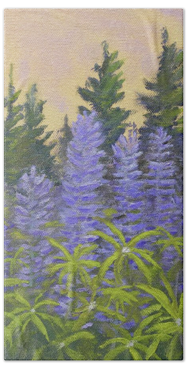 Landscape Flowers Sunrise Impressionism Bath Towel featuring the painting Lupine In The Morning by Scott W White