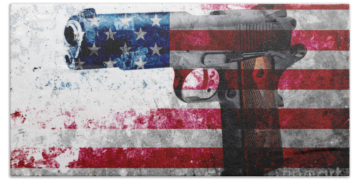 M1911 Hand Towel featuring the digital art M1911 Colt 45 and American Flag on Distressed Metal Sheet by M L C