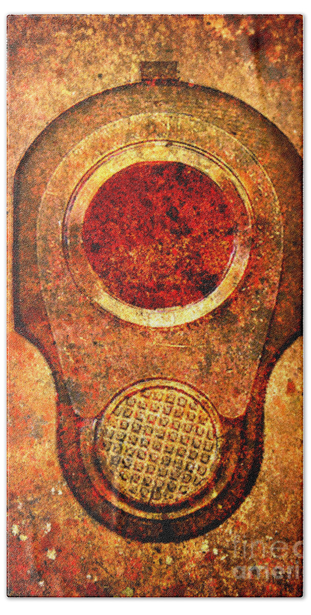 Colt Hand Towel featuring the digital art M1911 Muzzle On Rusted Background - With Red Filter by M L C