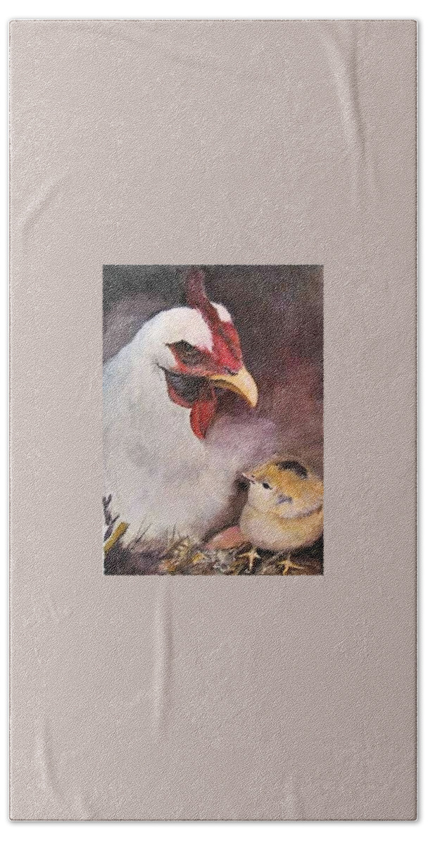 Chickens Hand Towel featuring the painting Ma ma and little peep by Bobby Walters