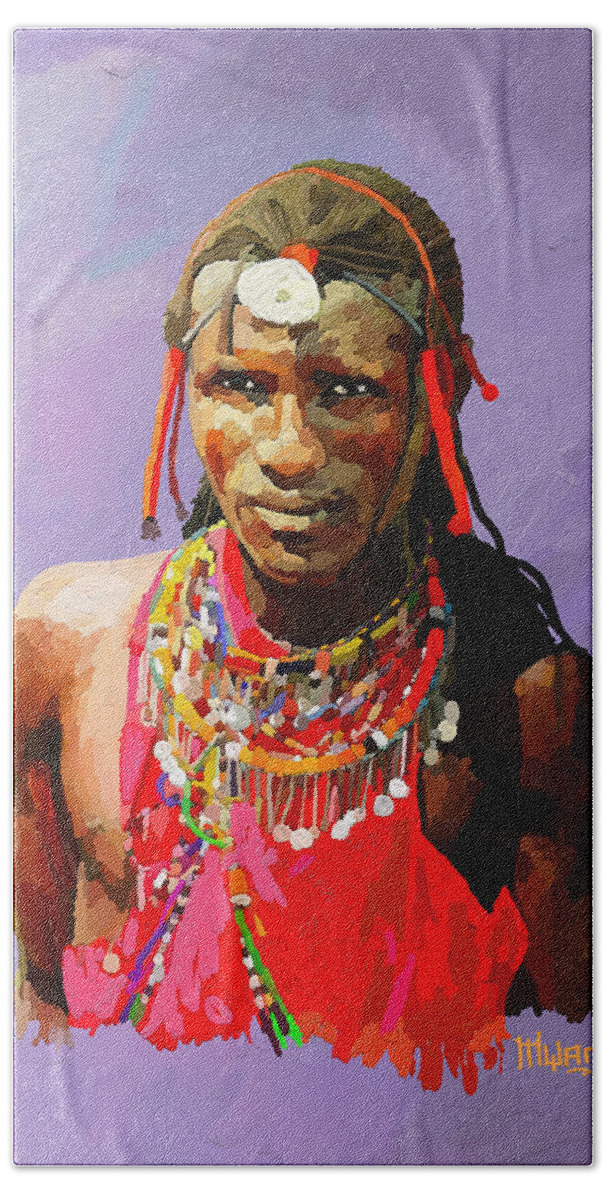 Cow Bath Towel featuring the painting Maasai Moran by Anthony Mwangi