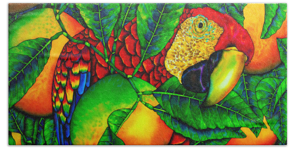 Scarlet Macaw Bath Towel featuring the painting Macaw and Oranges - Exotic Bird by Daniel Jean-Baptiste