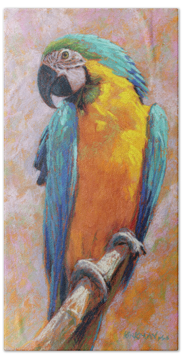 Macaw Hand Towel featuring the pastel Macaw by Rita Kirkman