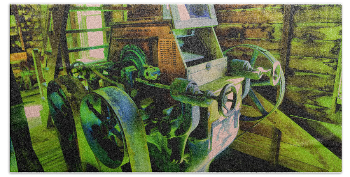 Machinery Bath Towel featuring the photograph Machinery in an old grist mill by Jeff Swan
