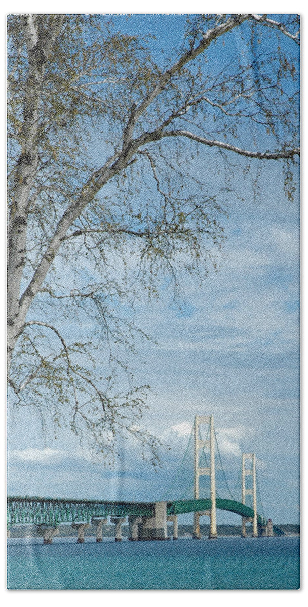 Usa Hand Towel featuring the photograph Mackinac Bridge Birch by LeeAnn McLaneGoetz McLaneGoetzStudioLLCcom