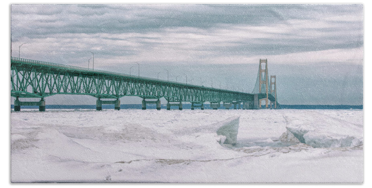 John Mcgraw Hand Towel featuring the photograph Mackinac Bridge in Winter during Day by John McGraw