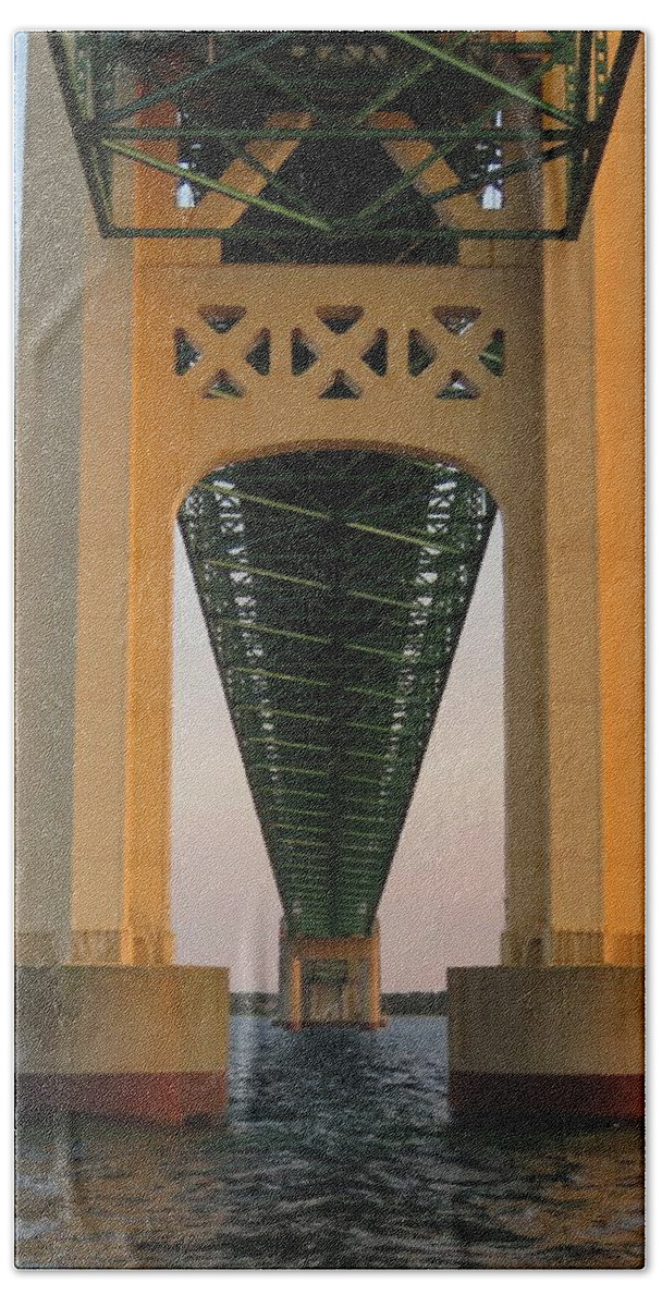 Mackinac Bridge Bath Towel featuring the photograph Mackinac Bridge Tower at Sunset by Keith Stokes