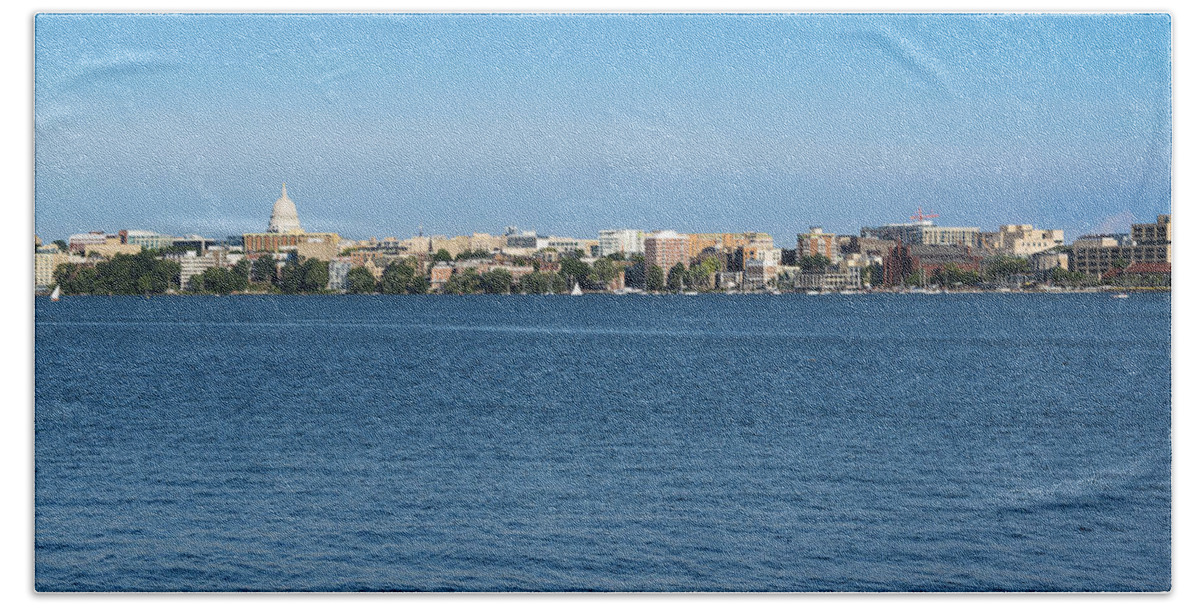 Lake Mendota Hand Towel featuring the photograph Madison Skyline from Picnic Point by Steven Ralser