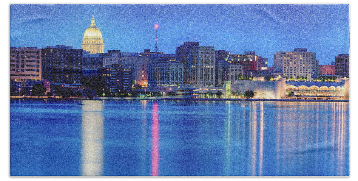 Capitol Hand Towel featuring the photograph Madison Skyline Reflection by Sebastian Musial