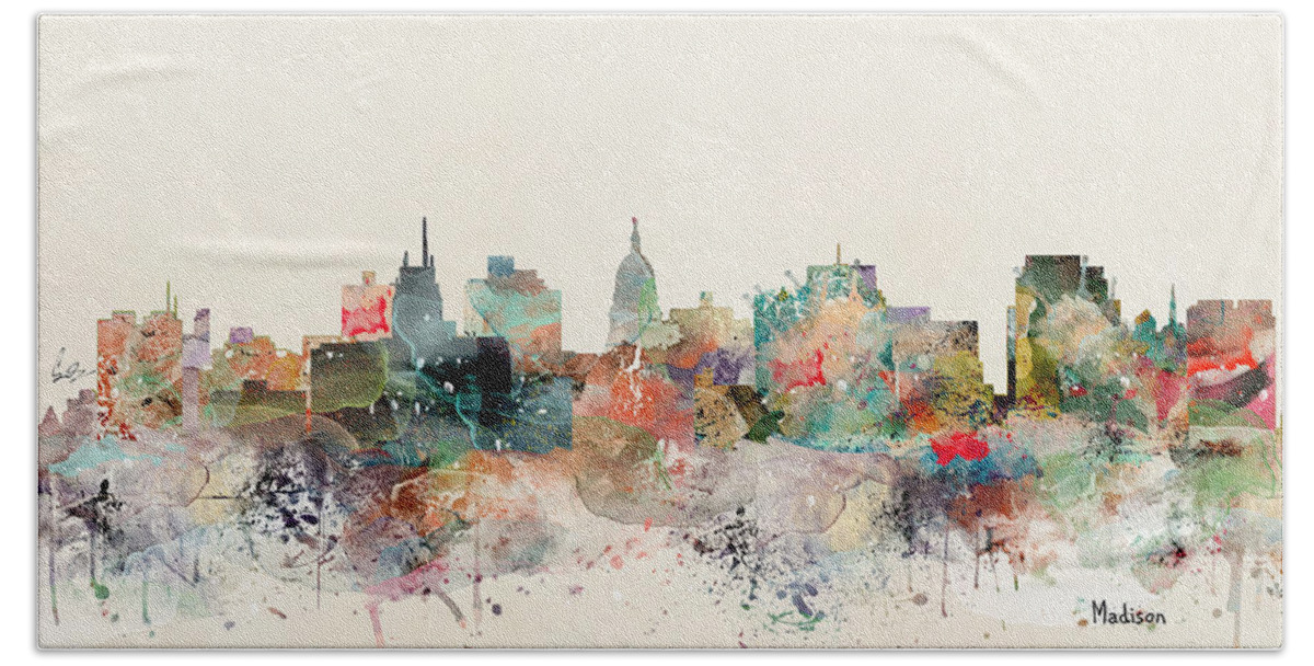 Madison Hand Towel featuring the painting Madison Wisconsin Skyline by Bri Buckley