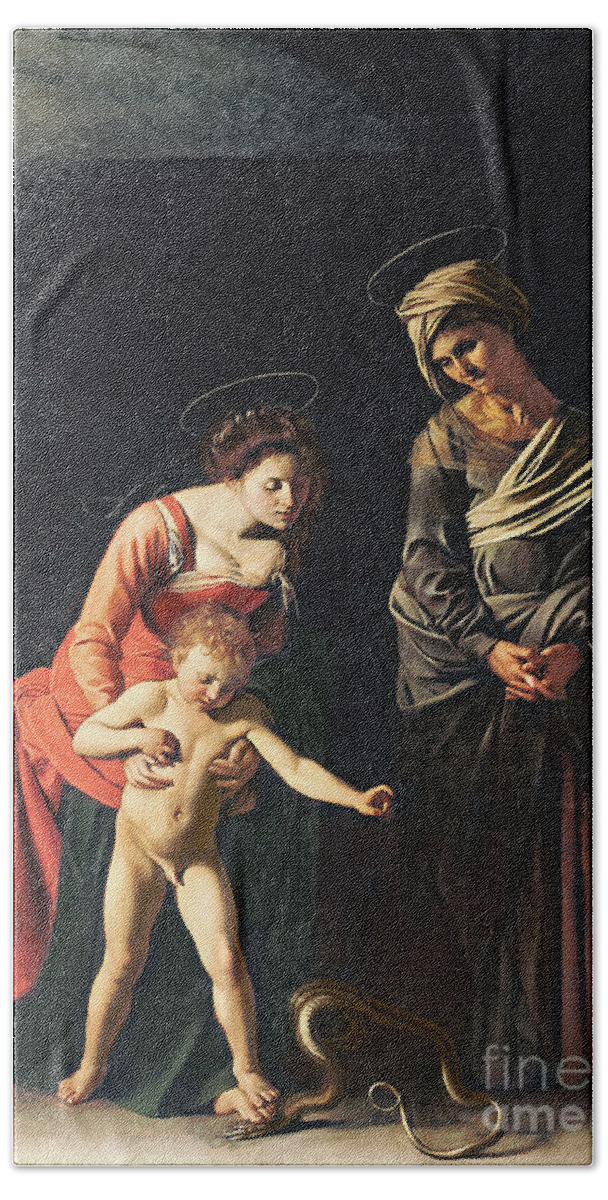Madonna And Child With A Serpent Bath Towel featuring the painting Madonna and Child with a Serpent by Michelangelo Merisi da Caravaggio