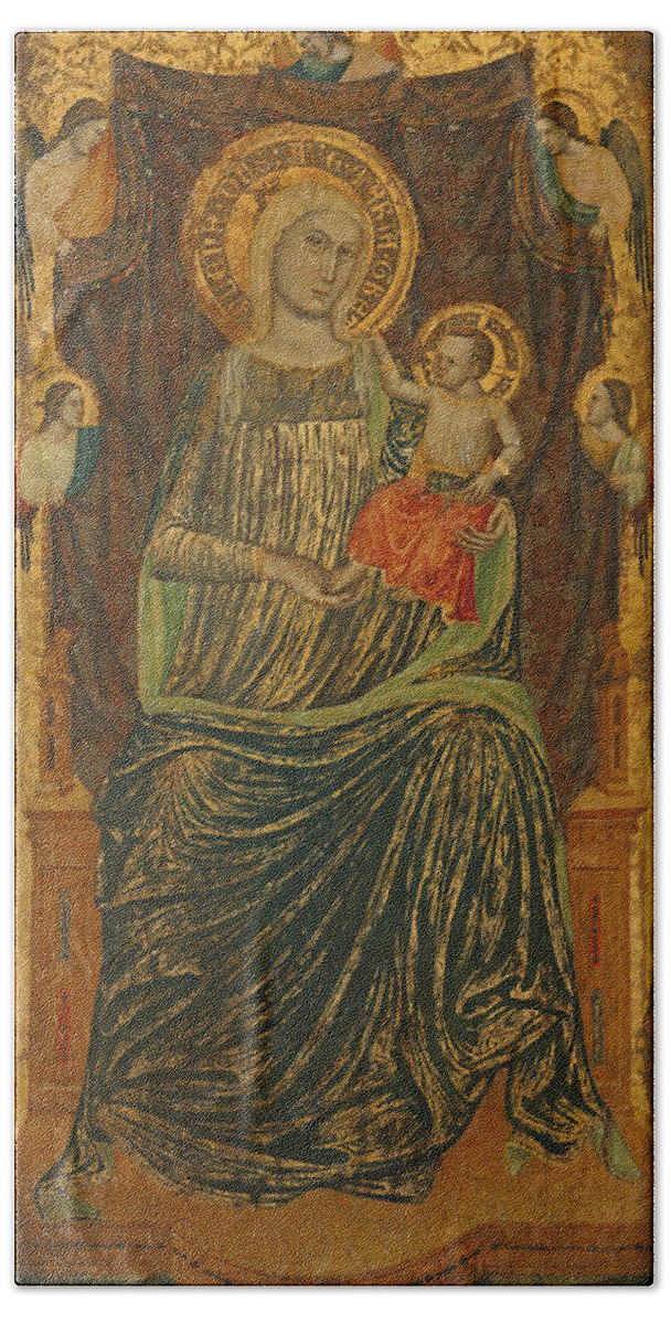Giovanni Baronzio Bath Towel featuring the painting Madonna and Child with Five Angels by Giovanni Baronzio