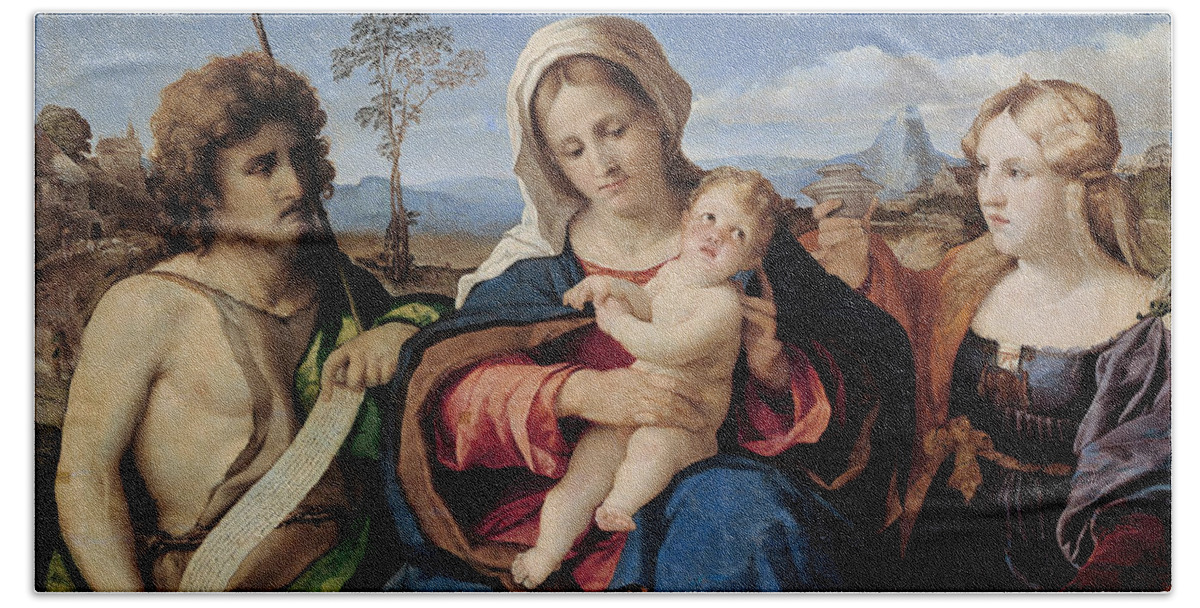 Palma Vecchio Bath Towel featuring the painting Madonna and Child with Saint John the Baptist and Magdalene by Palma Vecchio