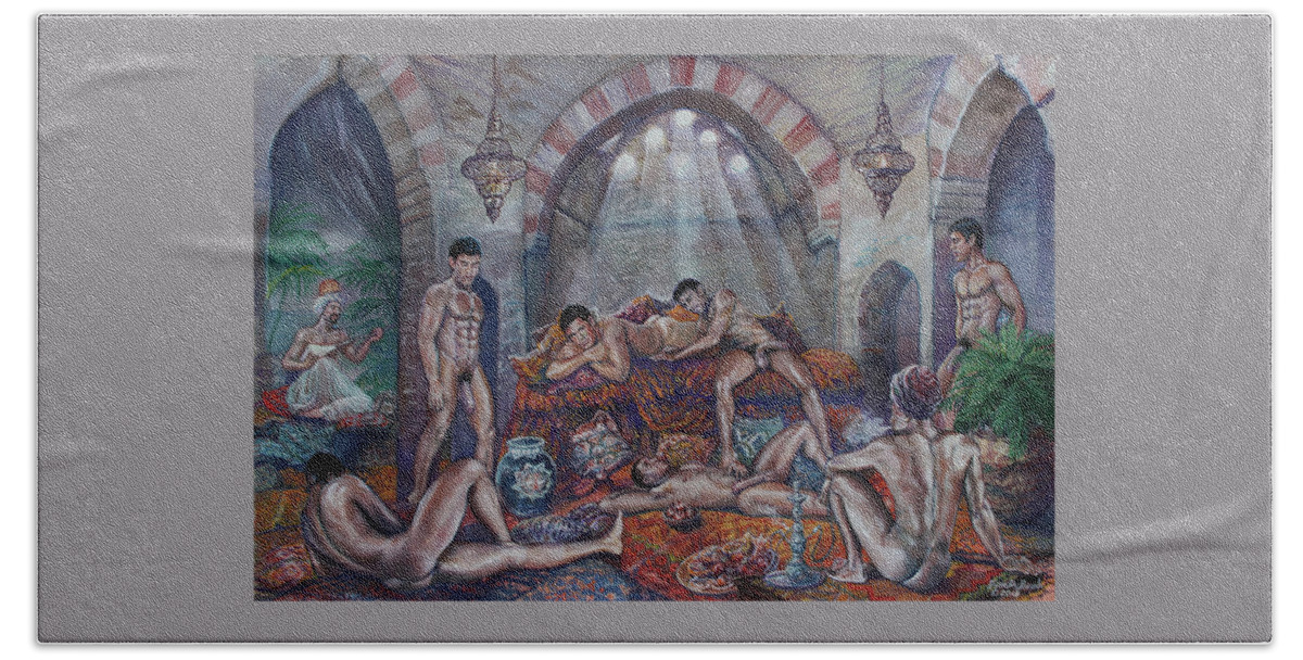 Male Nude Hand Towel featuring the painting Male Haram in Old Hammam by Marc DeBauch