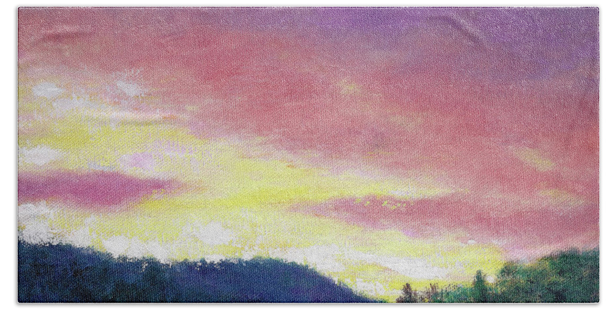 Magenta Sunset Hand Towel featuring the painting Magenta Sunset oil landscape by Judith Cheng