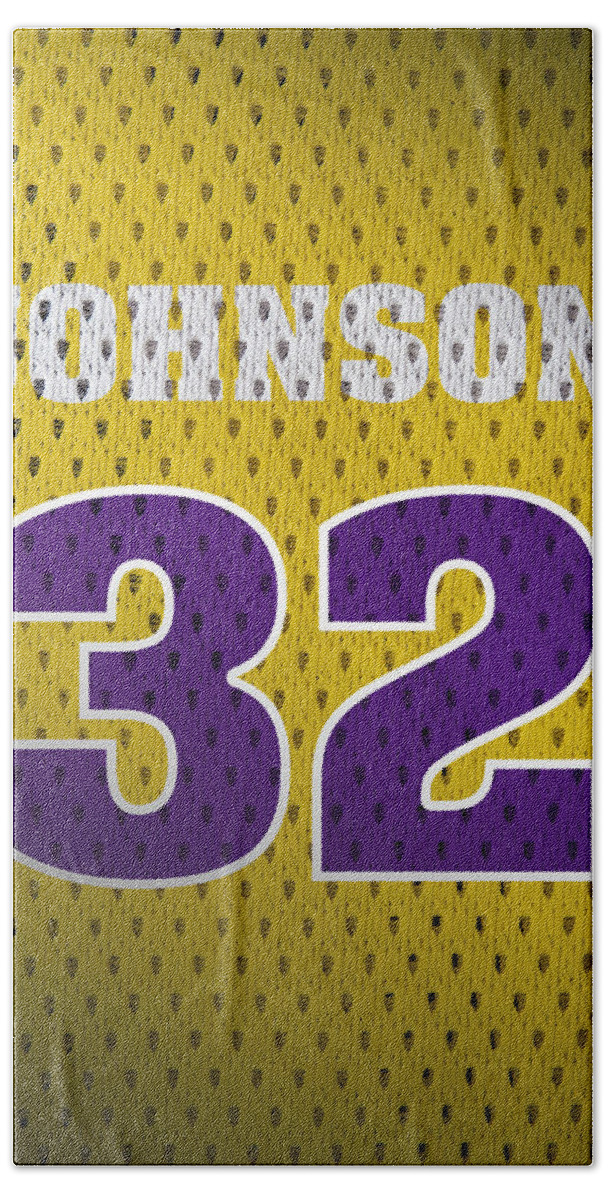Magic Johnson Hand Towel featuring the mixed media Magic Johnson Los Angeles Lakers Number 32 Retro Vintage Jersey Closeup Graphic Design by Design Turnpike