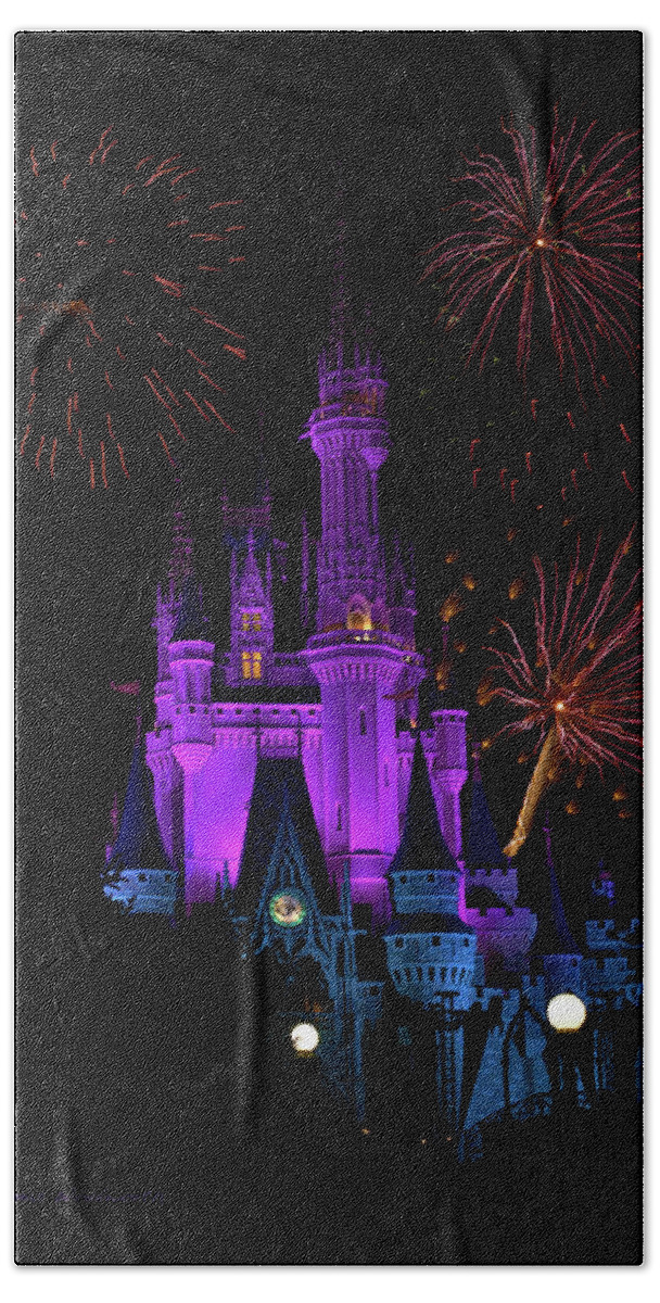 Castle Bath Towel featuring the photograph Magic Kingdom Castle In Purple With Fireworks 02 PM by Thomas Woolworth