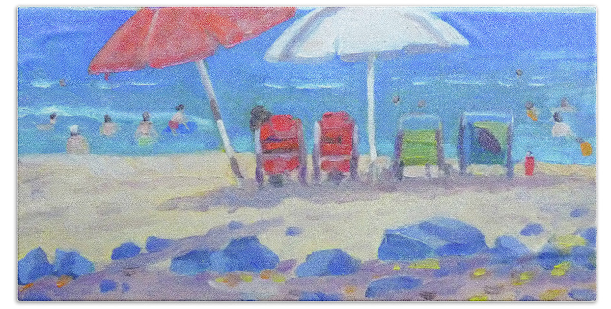 Plein Air Hand Towel featuring the painting Magic Sands Umbrellas by Stan Chraminski
