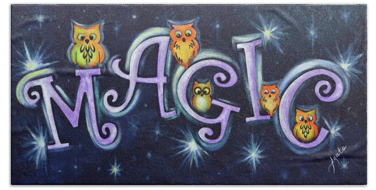 Magic Hand Towel featuring the painting Magic with Owls by Agata Lindquist