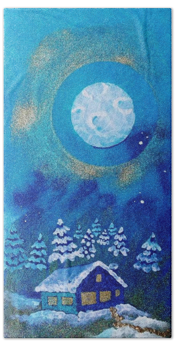 Folk Art Hand Towel featuring the painting Magical Night at the Cabin by Corey Habbas
