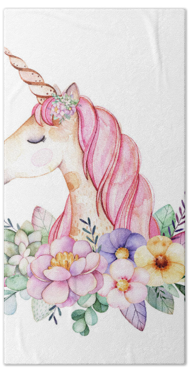 Fantasy Bath Sheet featuring the digital art Magical Watercolor Unicorn by Lisa Spence